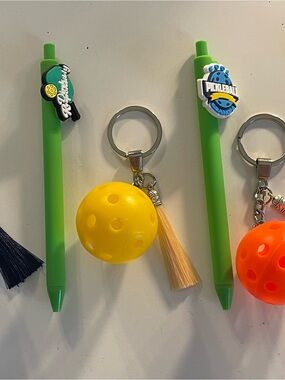 Green Pickleball-Themed Pen with Yellow Ball Keychain